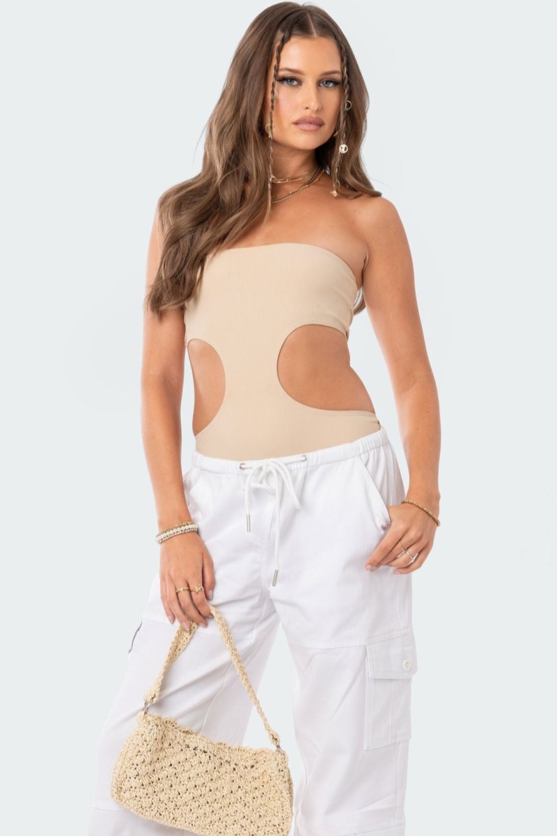 Edikted Vivie Ribbed Cut-Out Bodysuit Beige | USA NO118101X2