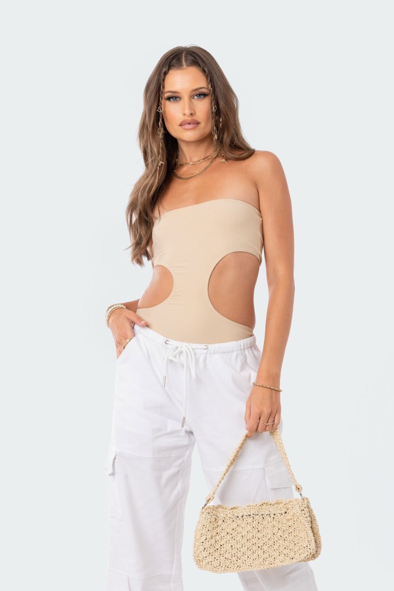 Edikted Vivie Ribbed Cut-Out Bodysuit Beige | USA NO118101X2