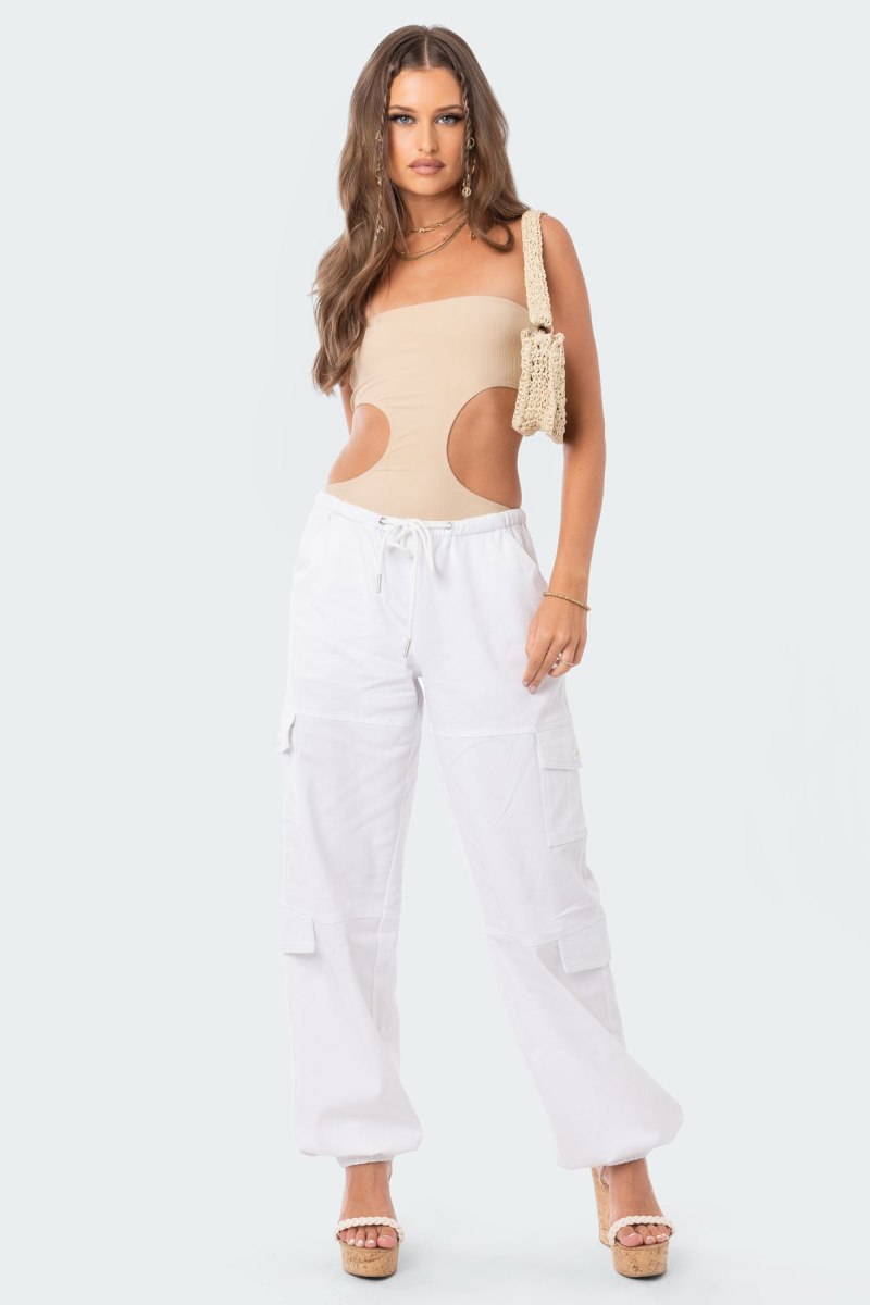Edikted Vivie Ribbed Cut-Out Bodysuit Beige | USA NO118101X2