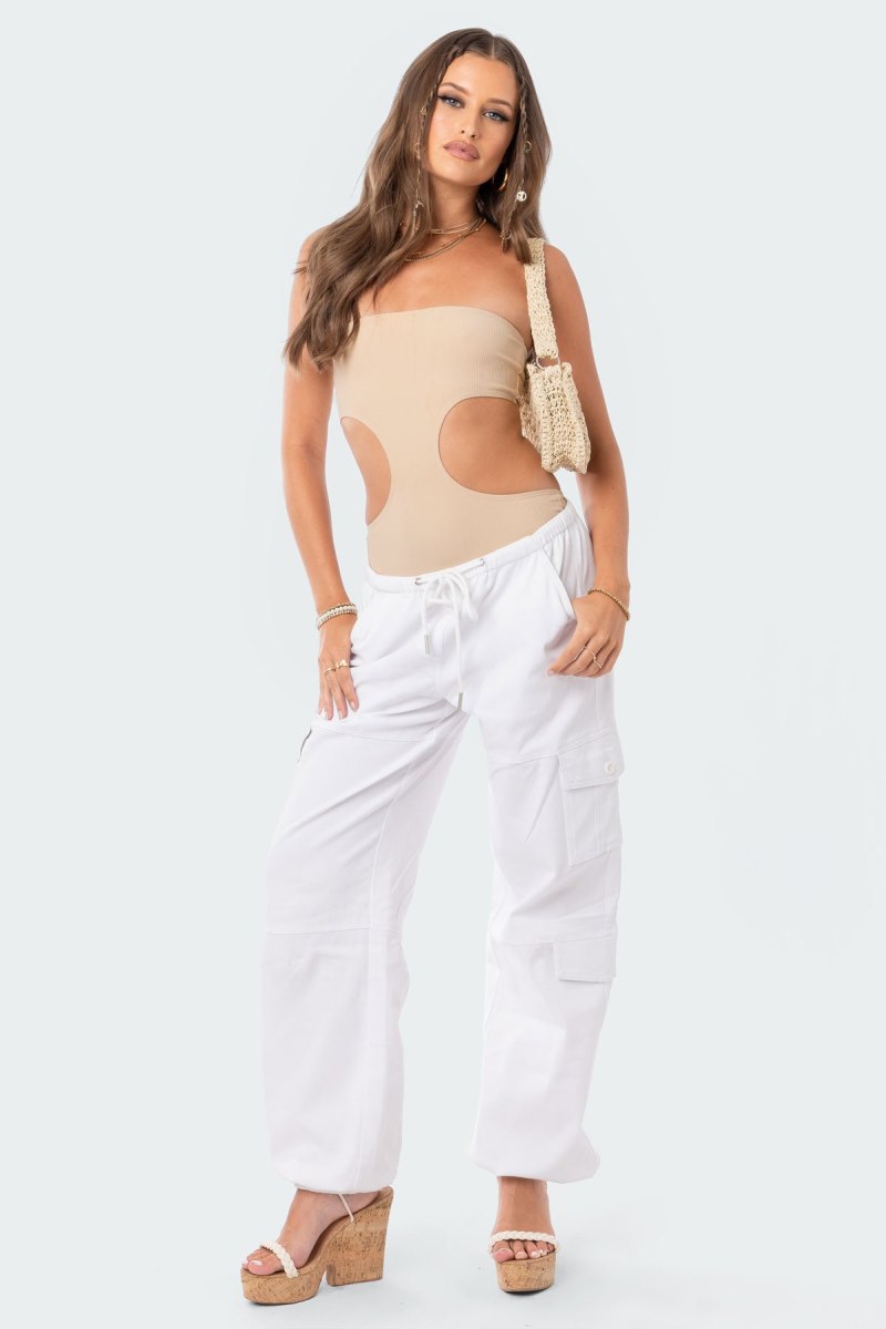 Edikted Vivie Ribbed Cut-Out Bodysuit Beige | USA NO118101X2