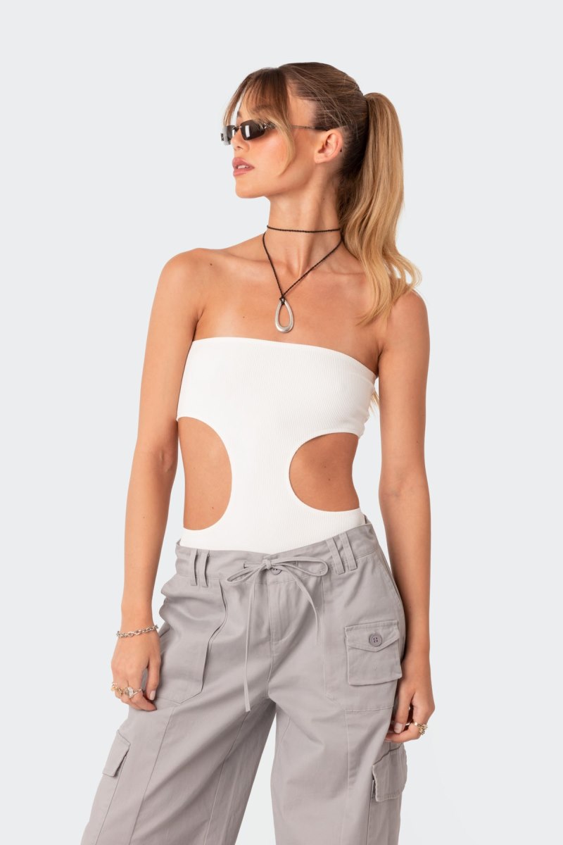 Edikted Vivie Ribbed Cut-Out Bodysuit Beige | USA KT370057E5