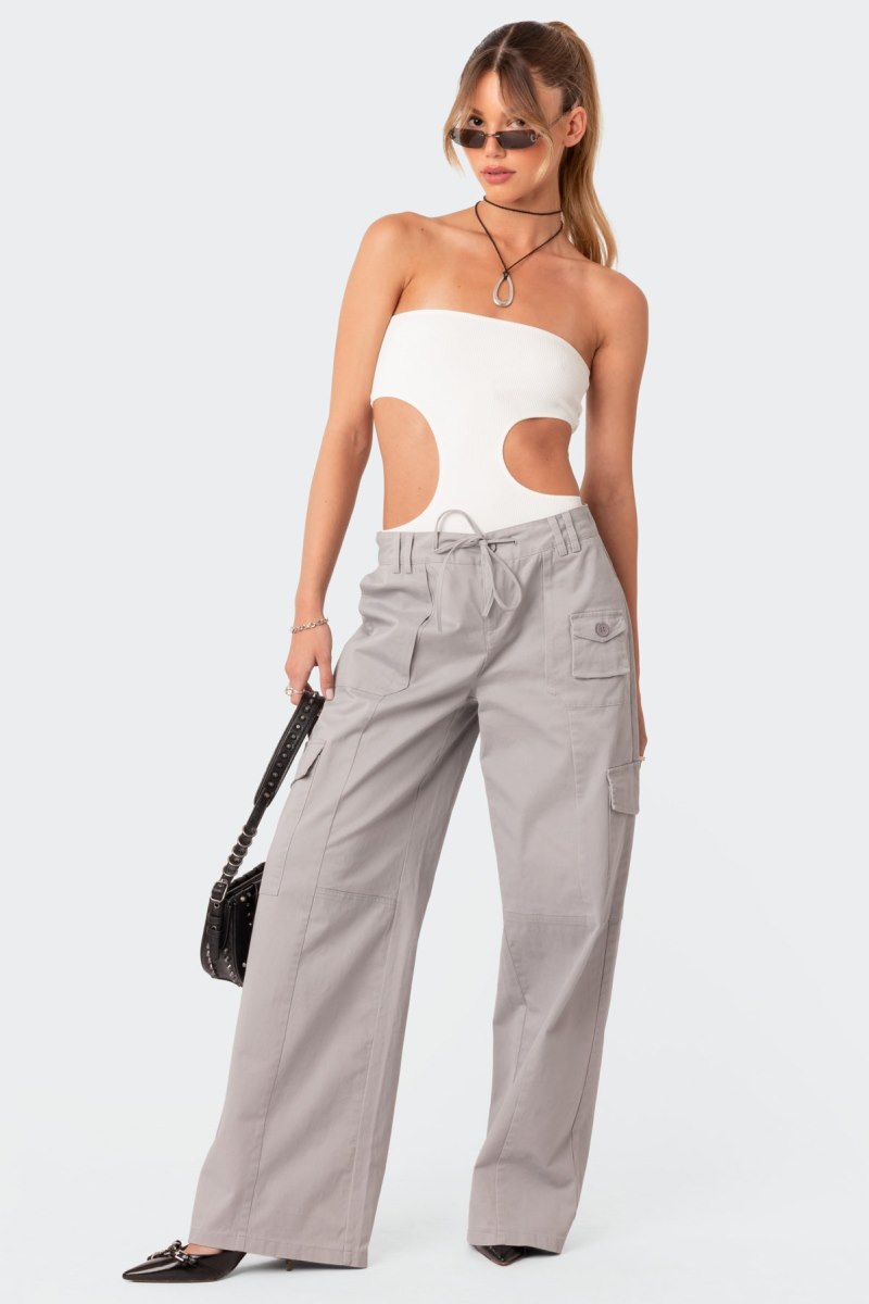 Edikted Vivie Ribbed Cut-Out Bodysuit Strapless Tops Beige | USA OL407480F8