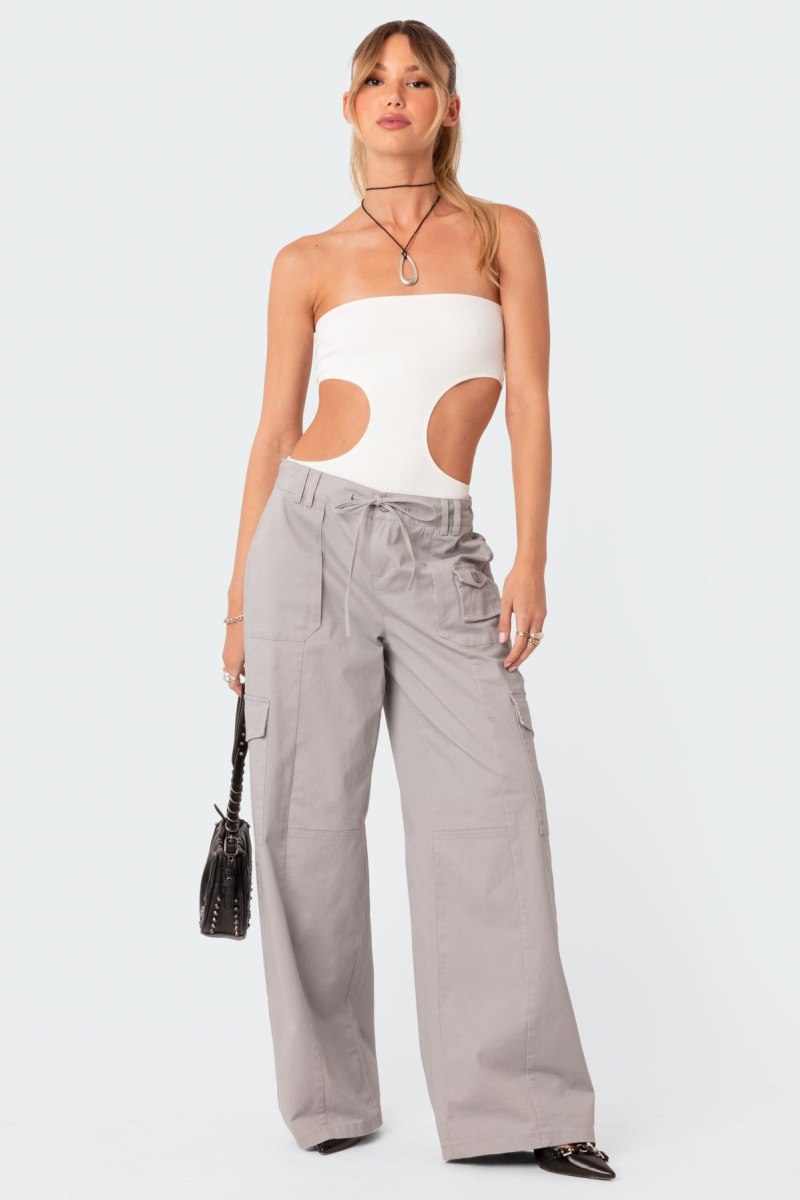Edikted Vivie Ribbed Cut-Out Bodysuit Strapless Tops Beige | USA OL407480F8