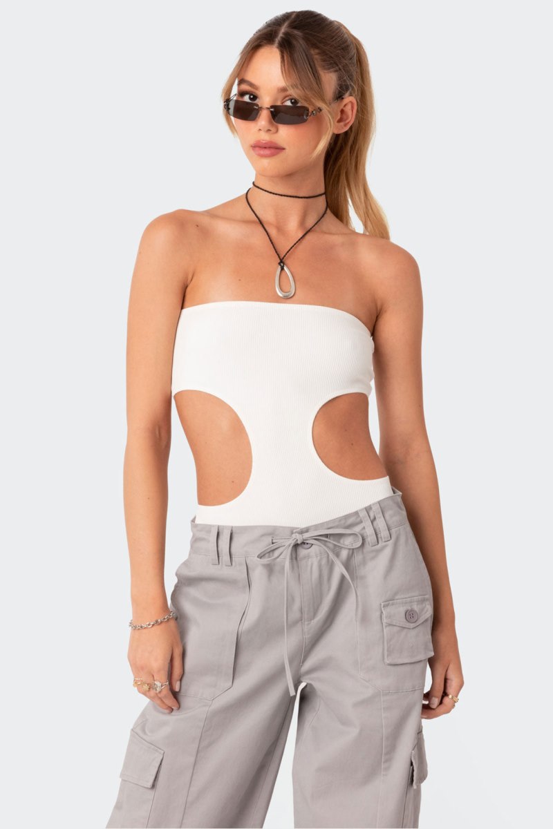 Edikted Vivie Ribbed Cut-Out Bodysuit Strapless Tops Beige | USA OL407480F8