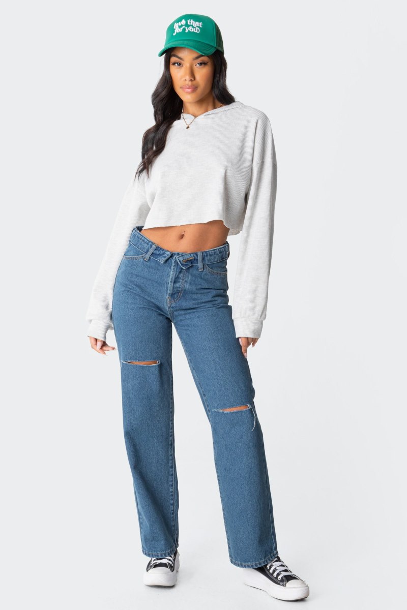 Edikted Waffle Oversized Cropped Hoodie Long Sleeve Tops Gray Melange | USA ZY750545S5
