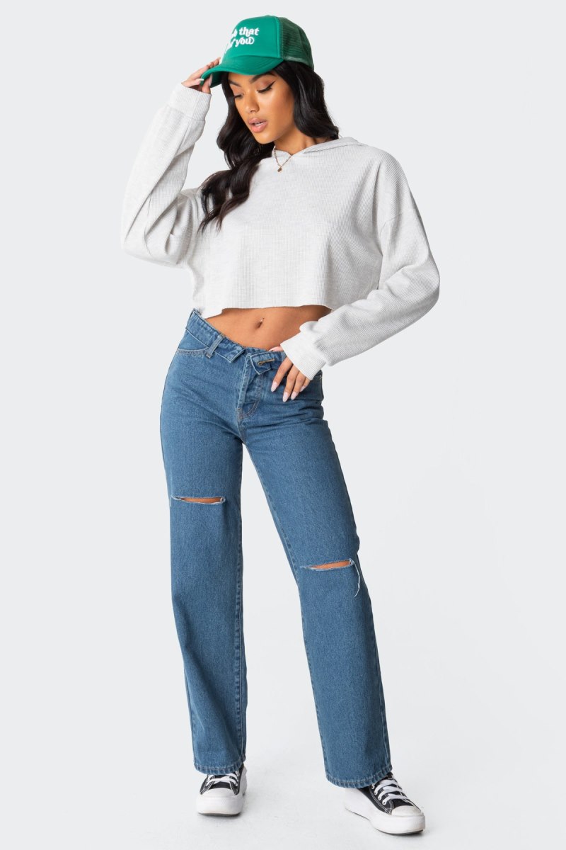 Edikted Waffle Oversized Cropped Hoodie Long Sleeve Tops Gray Melange | USA ZY750545S5