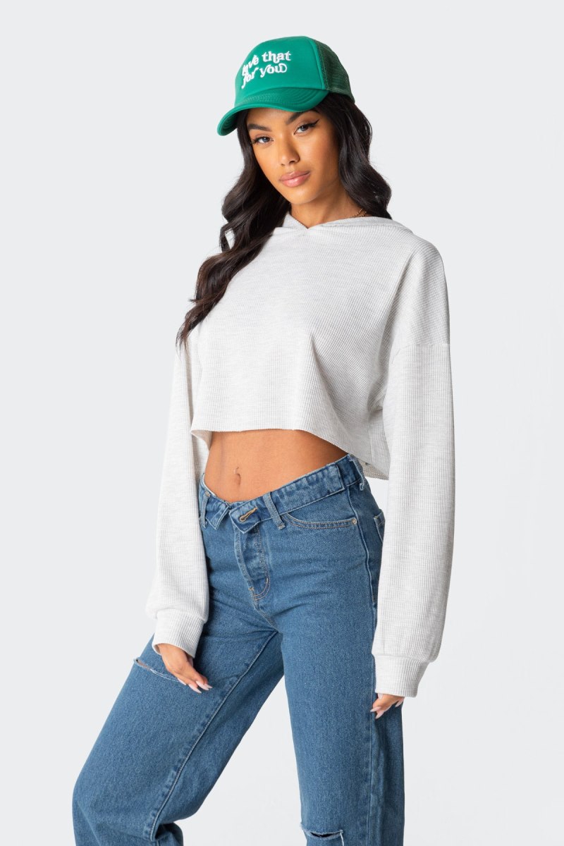 Edikted Waffle Oversized Cropped Hoodie Long Sleeve Tops Gray Melange | USA ZY750545S5