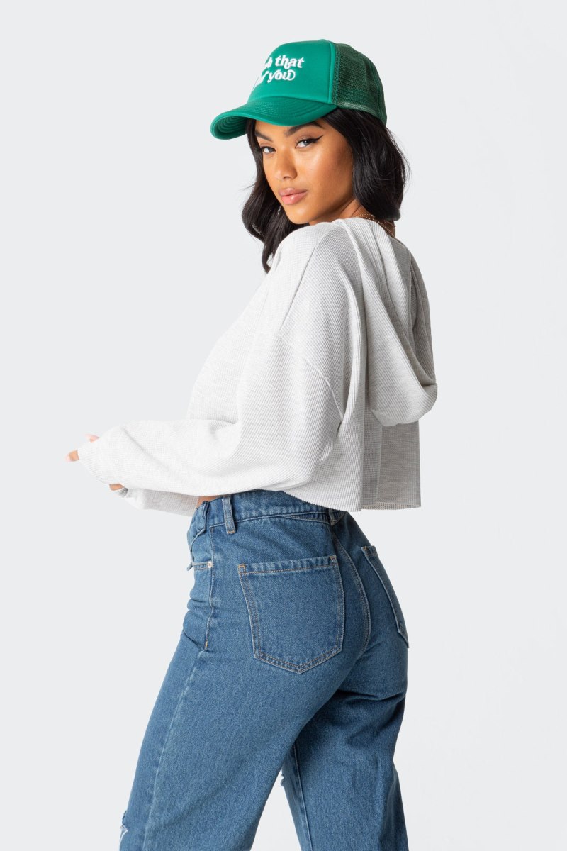 Edikted Waffle Oversized Cropped Hoodie Long Sleeve Tops Gray Melange | USA ZY750545S5
