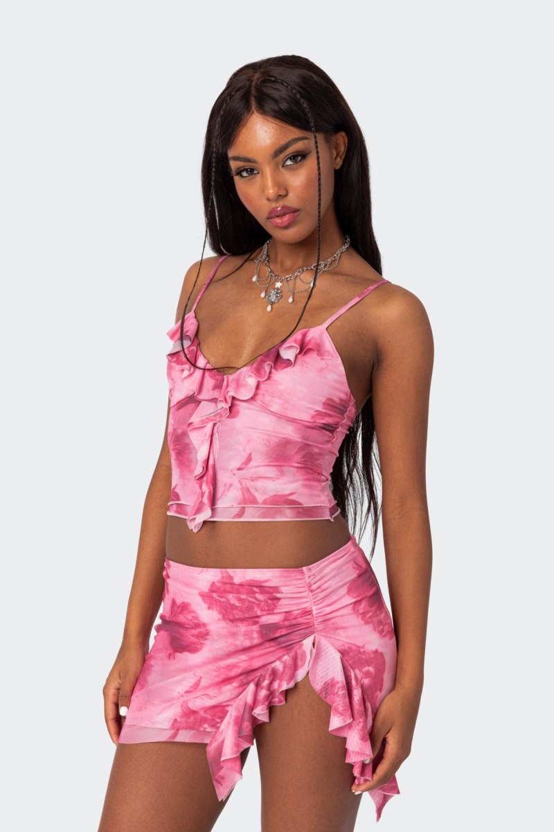 Edikted Wanda Printed Mesh Ruffled Tank Top Pink | USA TT693879P2