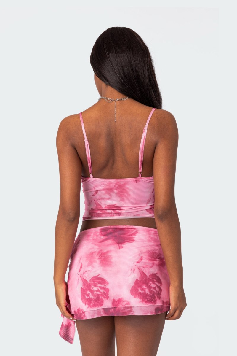 Edikted Wanda Printed Mesh Ruffled Tank Top Pink | USA TT693879P2