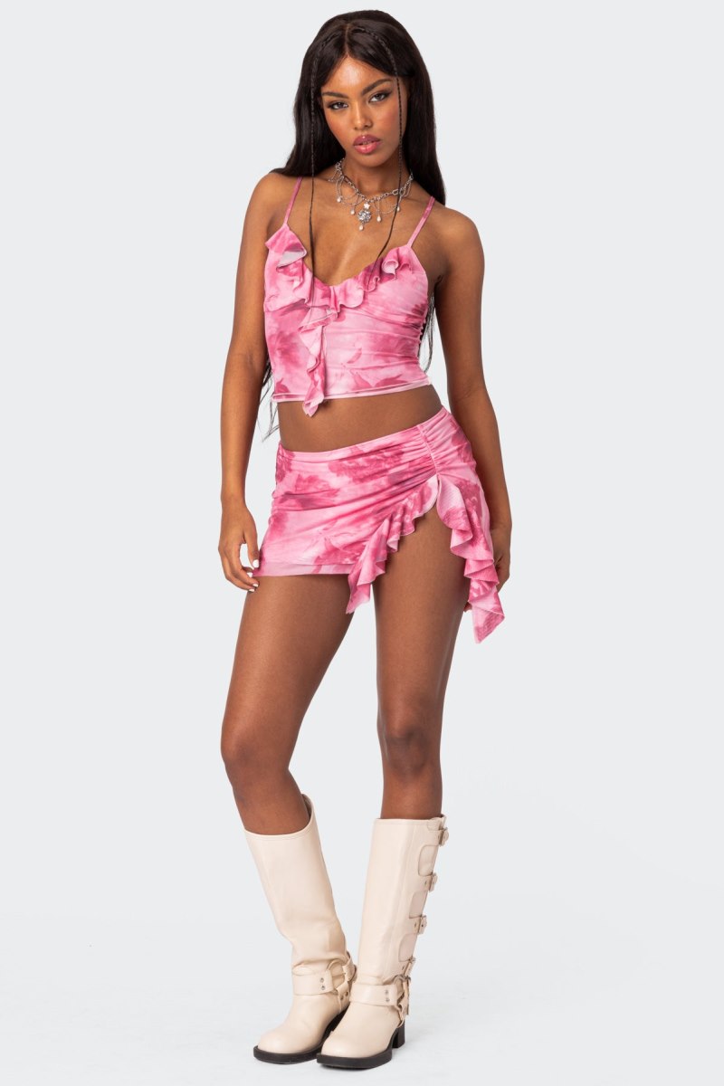 Edikted Wanda Printed Mesh Ruffled Tank Top Pink | USA TT693879P2