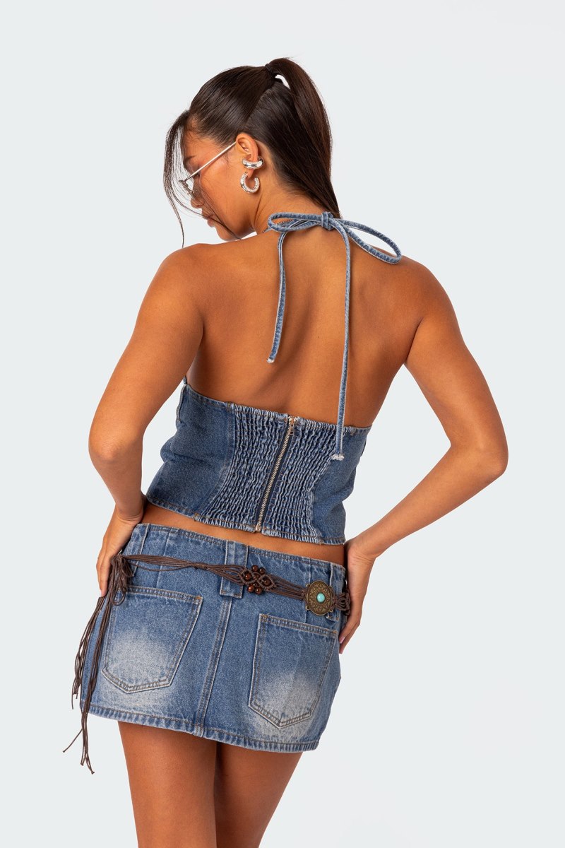 Edikted Wanona Halter Denim Tops Blue | USA AB213971B4