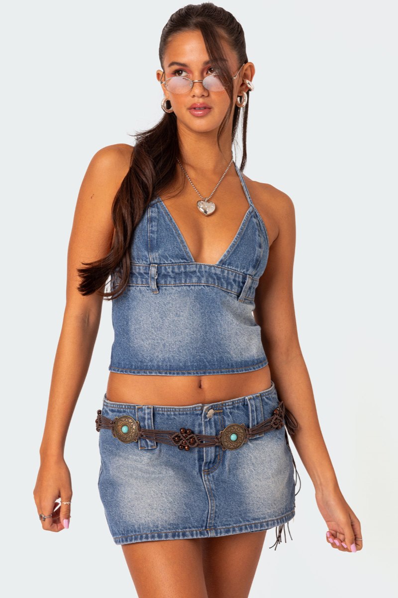 Edikted Wanona Halter Denim Tops Blue | USA AB213971B4