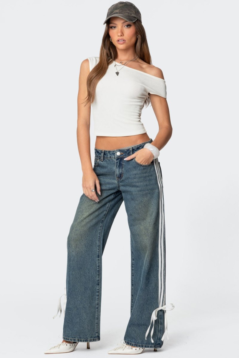 Edikted Washed Low Rise Ribbon Jeans Blue Washed | USA LM322642F5