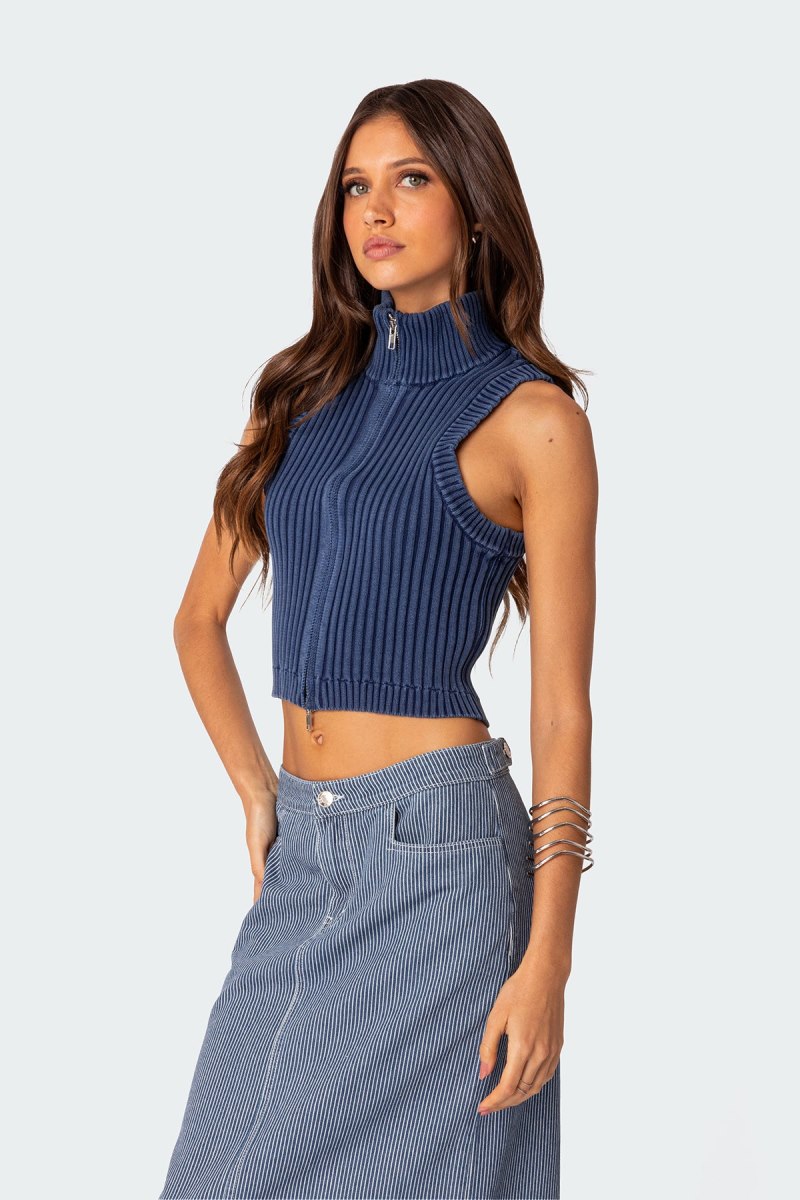 Edikted Washed Zip Up Tank Knitted Tops Blue | USA FX173187A8