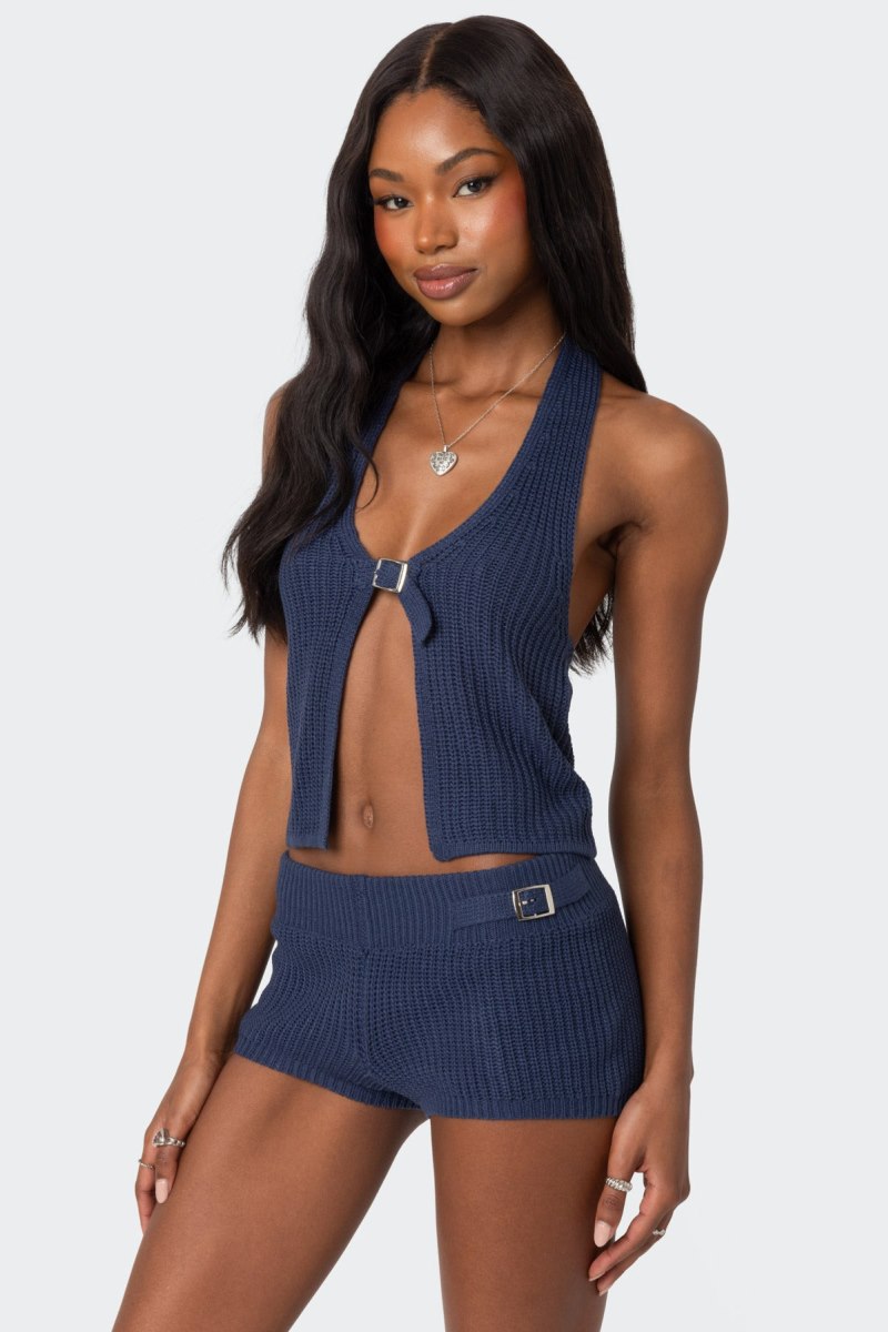 Edikted Weekender Belted Halter Knitted Tops Navy | USA OJ250115P5