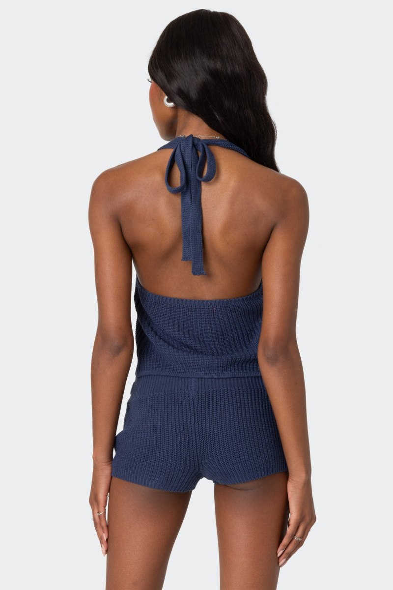 Edikted Weekender Belted Halter Knitted Tops Navy | USA OJ250115P5