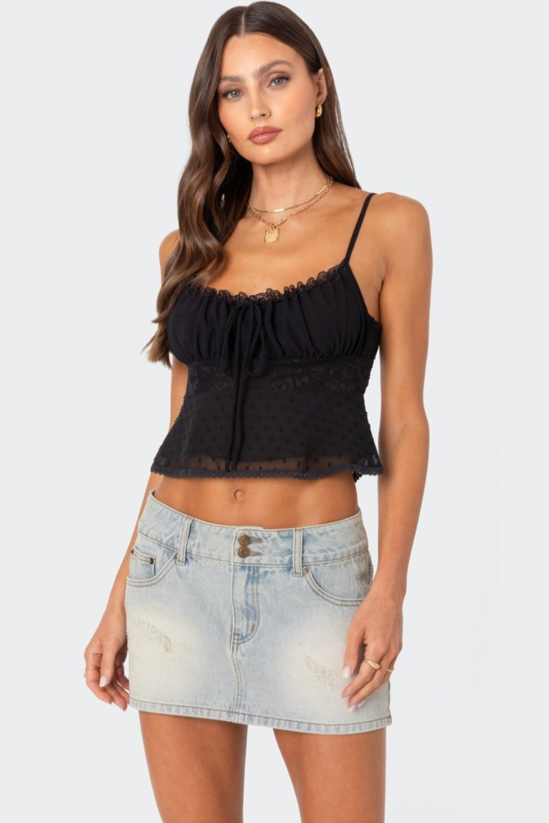Edikted Wendy Tie Back Lacey Tank Top Black | USA MZ706660J5
