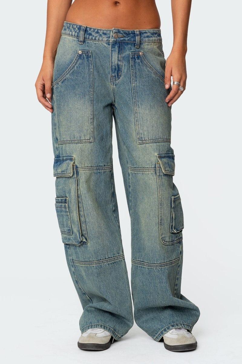 Edikted Westie Low Rise Washed Cargo Jeans Blue | USA CR811411S1