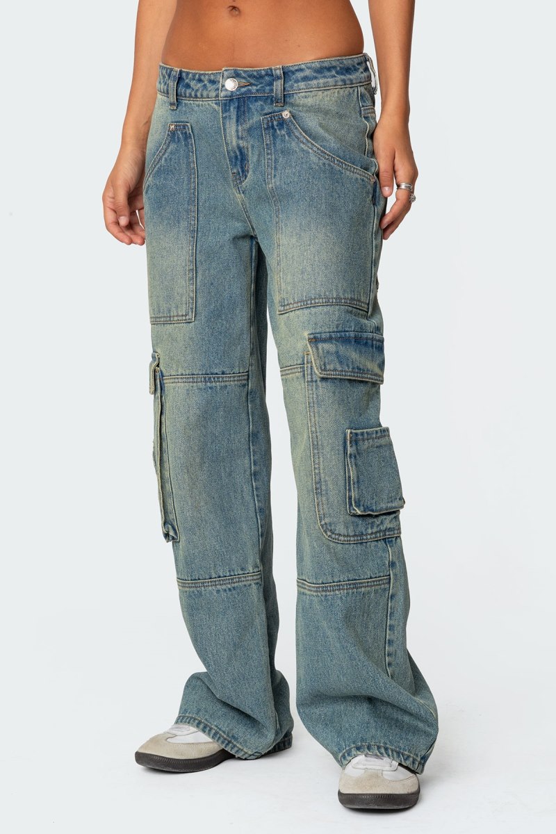 Edikted Westie Low Rise Washed Cargo Jeans Blue | USA CR811411S1
