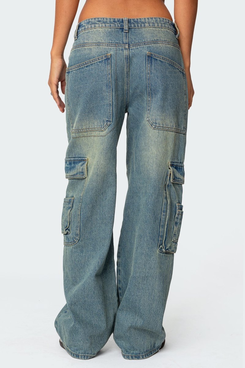 Edikted Westie Low Rise Washed Cargo Jeans Blue | USA CR811411S1
