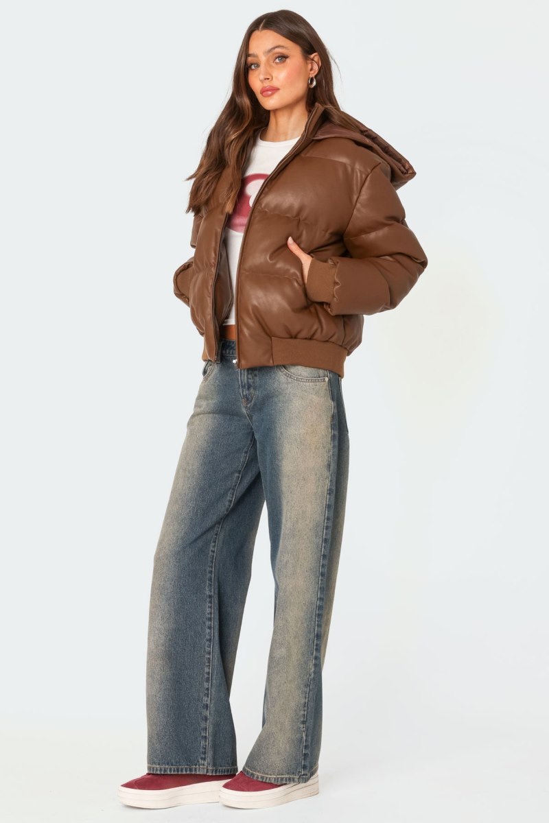 Edikted Wintry Faux Leather Hooded Puffer Jackets Brown | USA SJ947024X7