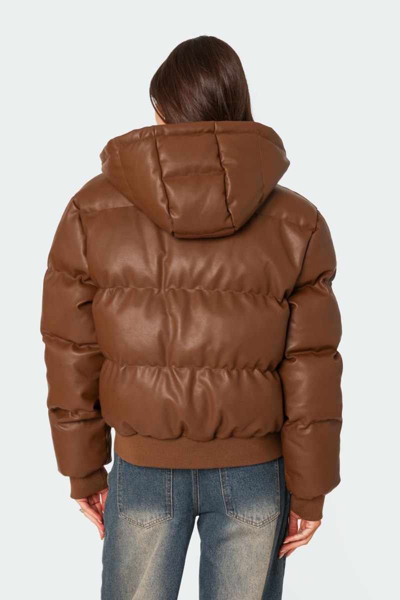Edikted Wintry Faux Leather Hooded Puffer Jackets Brown | USA SJ947024X7