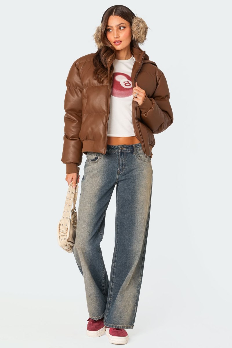 Edikted Wintry Faux Leather Hooded Puffer Jackets Brown | USA SJ947024X7