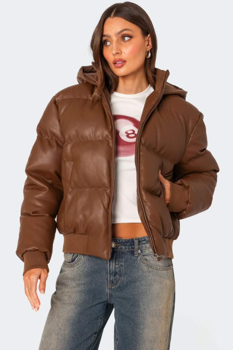 Edikted Wintry Faux Leather Hooded Puffer Jackets Brown | USA SJ947024X7