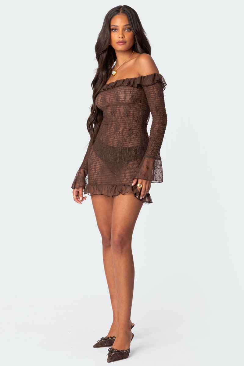 Edikted Wisteria Scrunched Sheer Lace Mini Long Sleeve Dress Brown | USA QH968756Q7