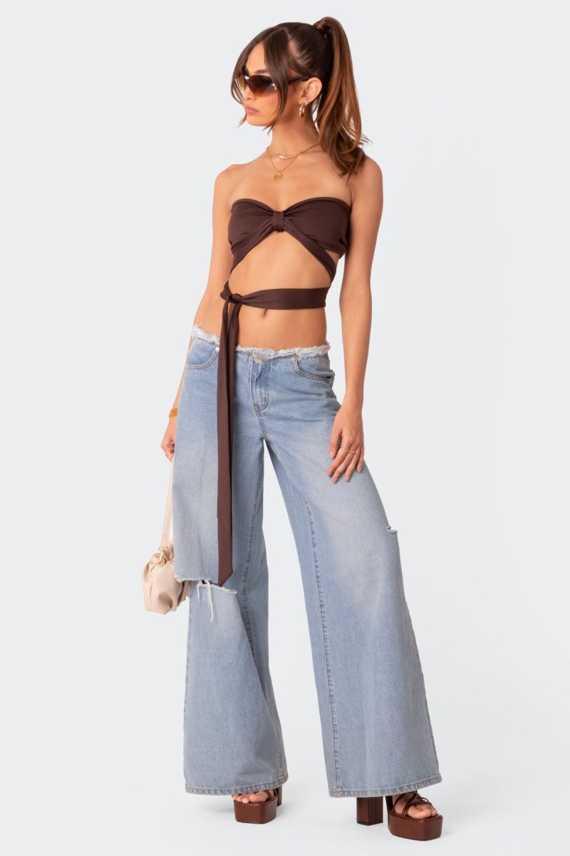 Edikted Wyatt Wrap Tie Bandeau Crop Tops Brown | USA LX105330T7