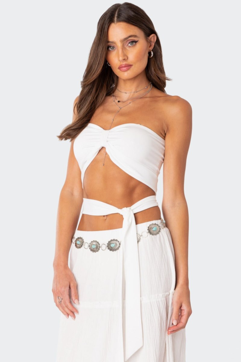 Edikted Wyatt Wrap Tie Bandeau Crop Tops Brown | USA YO465276K7