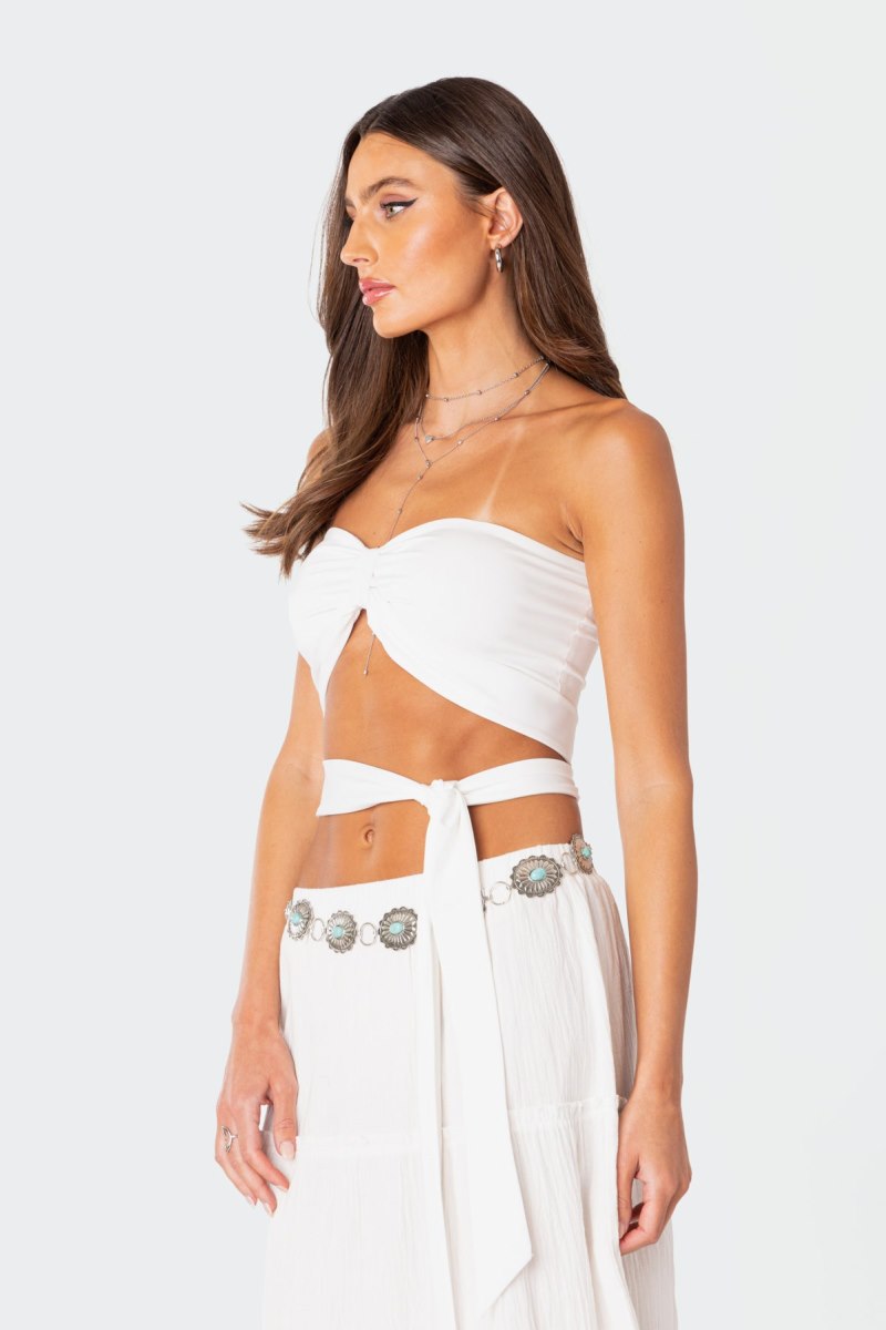 Edikted Wyatt Wrap Tie Bandeau Crop Tops Brown | USA YO465276K7