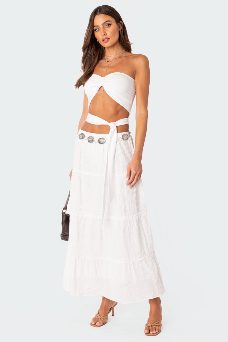 Edikted Wyatt Wrap Tie Bandeau Crop Tops Brown | USA YO465276K7