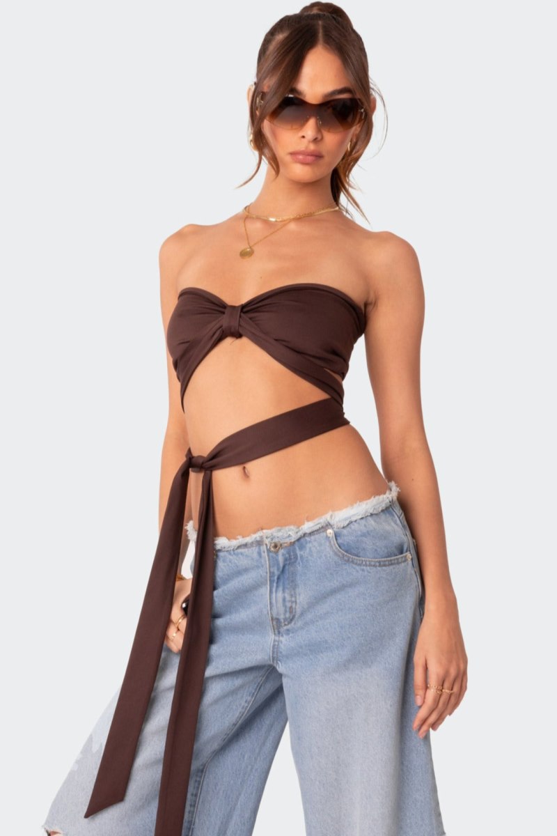 Edikted Wyatt Wrap Tie Bandeau Strapless Tops Brown | USA CT984958N6