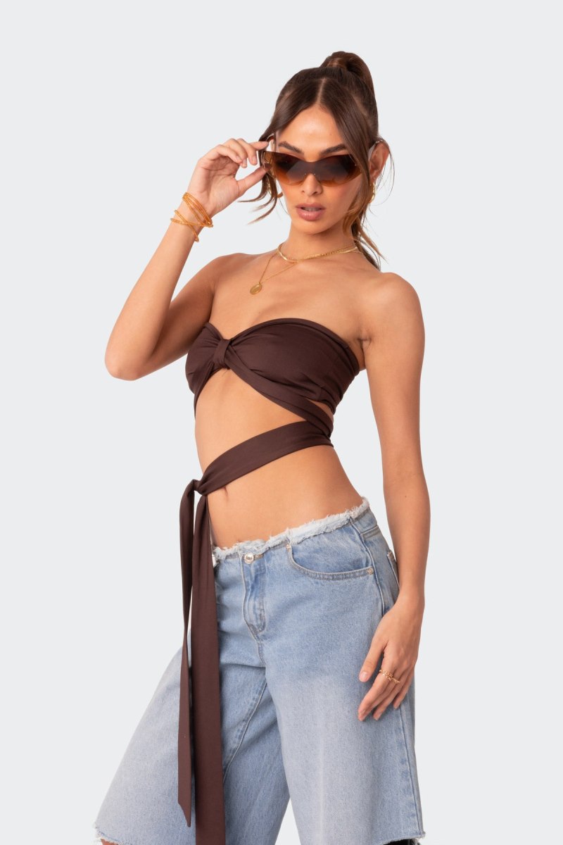 Edikted Wyatt Wrap Tie Bandeau Strapless Tops Brown | USA CT984958N6