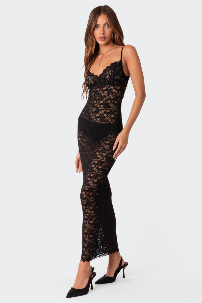 Edikted Xandra Sheer Lace Maxi Dress Maxi Dress Black | USA AT345394Z2