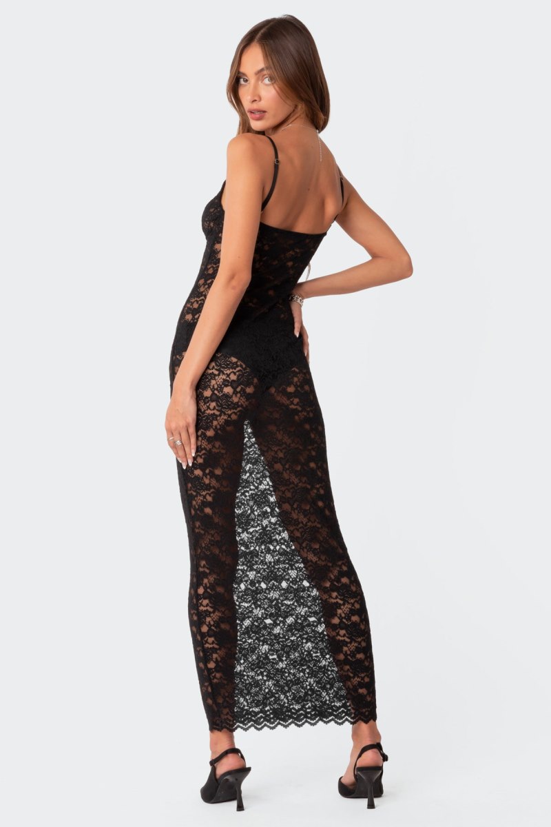 Edikted Xandra Sheer Lace Maxi Dress Maxi Dress Black | USA AT345394Z2