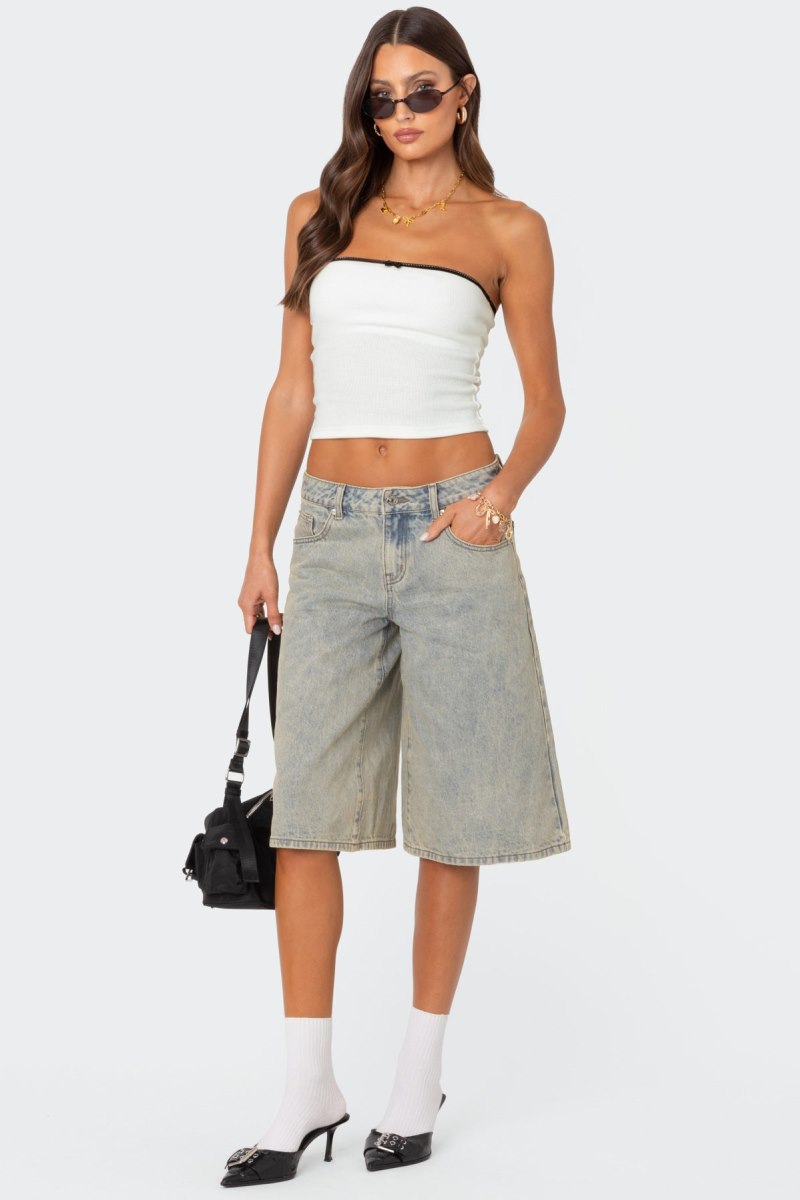 Edikted Xtra Long Acid Wash Denim Bermuda Shorts Blue | USA AB948044O9