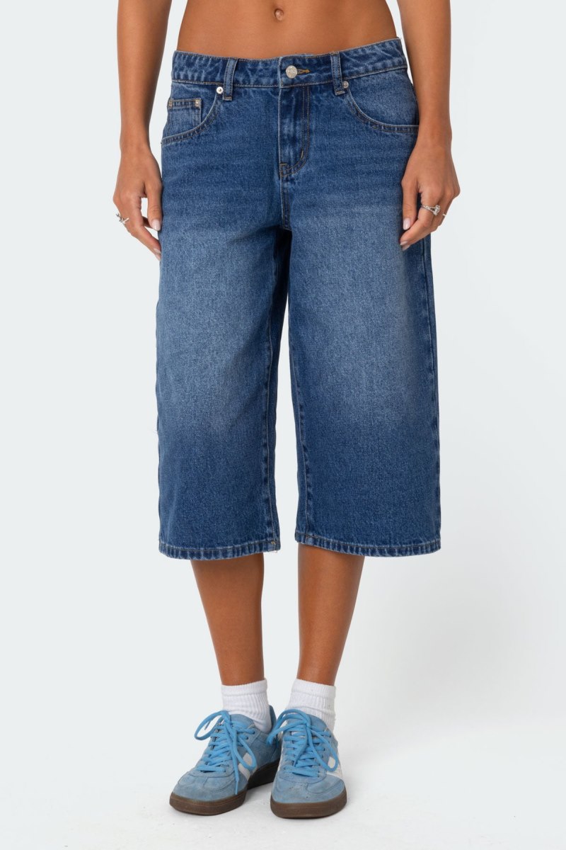 Edikted Xtra Long Low Rise Denim Bermuda Shorts Blue Washed | USA HW239513X9