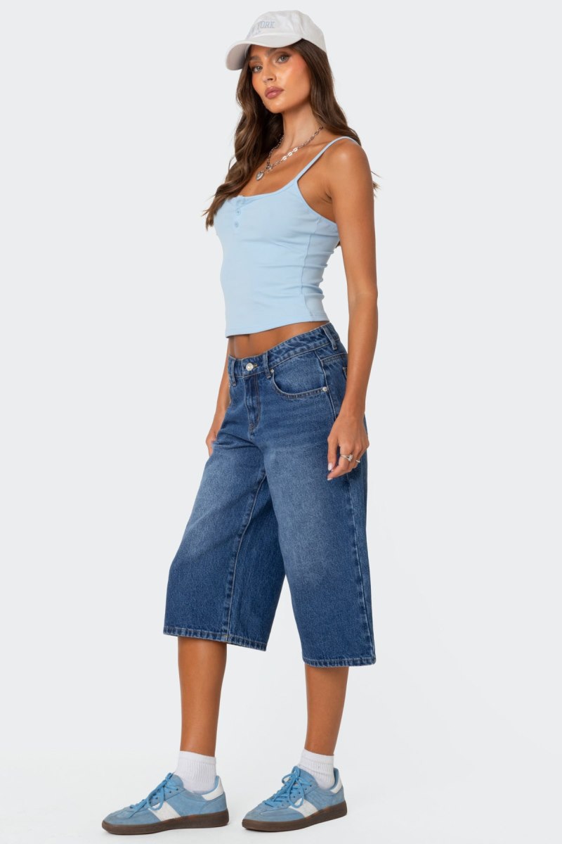 Edikted Xtra Long Low Rise Denim Bermuda Shorts Blue Washed | USA HW239513X9