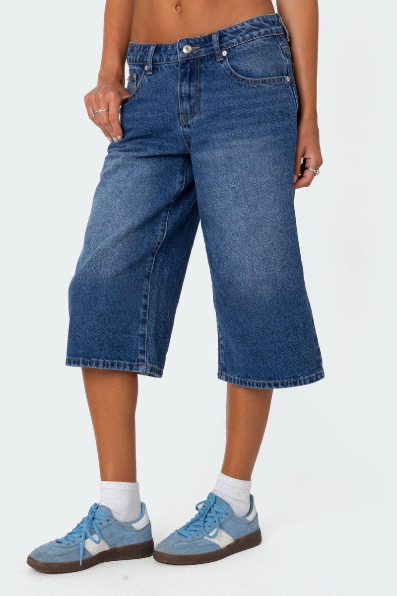 Edikted Xtra Long Low Rise Denim Bermuda Shorts Blue Washed | USA HW239513X9