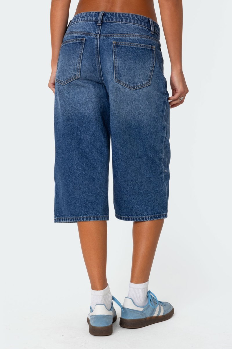 Edikted Xtra Long Low Rise Denim Bermuda Shorts Blue Washed | USA HW239513X9