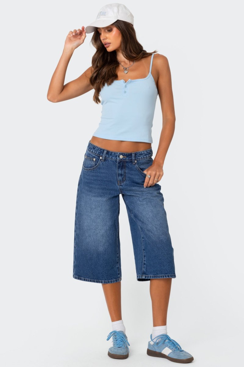Edikted Xtra Long Low Rise Denim Bermuda Shorts Blue Washed | USA HW239513X9