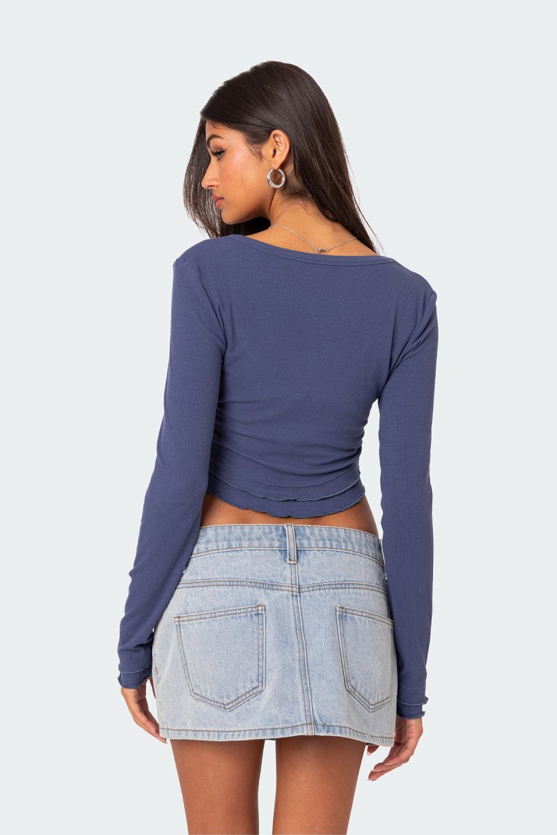 Edikted Yara Ribbed Ruffle Hem Long Sleeve Tops Blue | USA VP090859M2