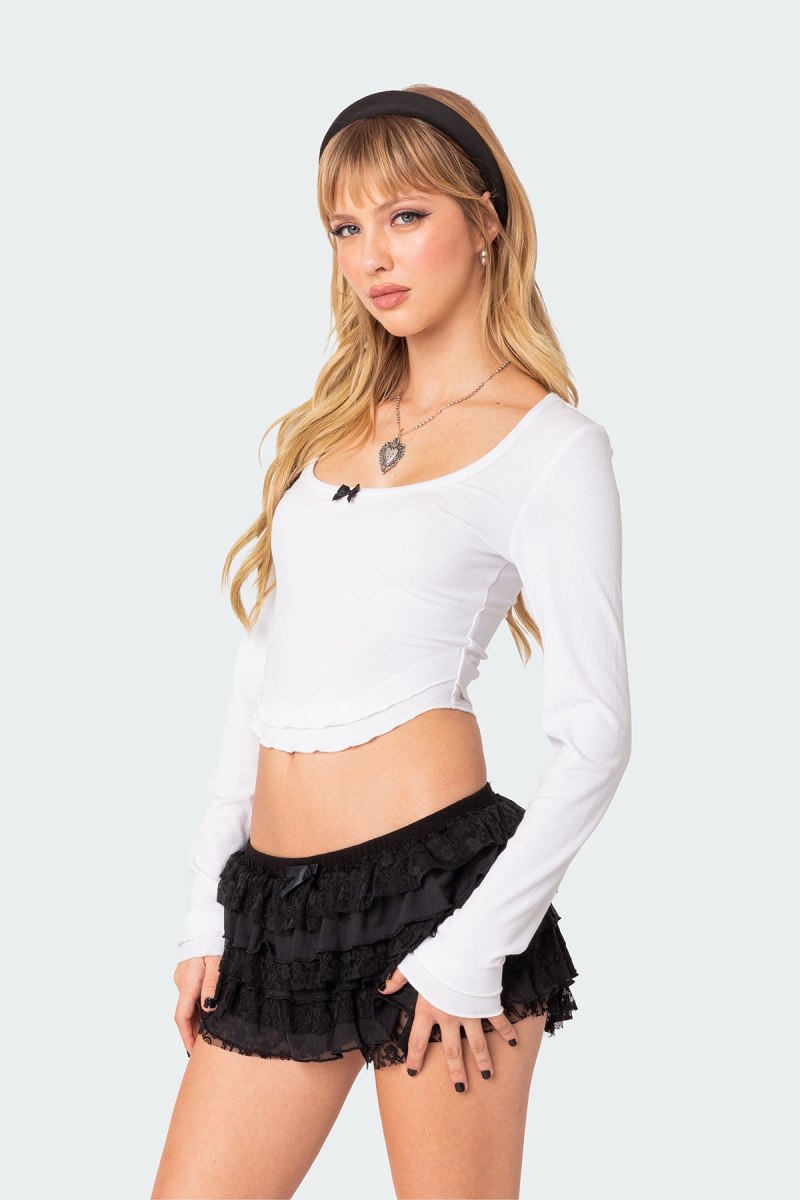 Edikted Yara Ribbed Ruffle Hem Long Sleeve Tops Blue | USA DB728912I5