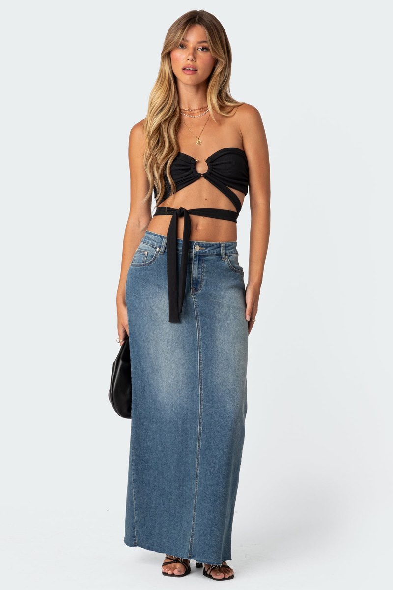 Edikted Zia Ribbed Ring Tie Crop Strapless Tops Black | USA QE724822I4