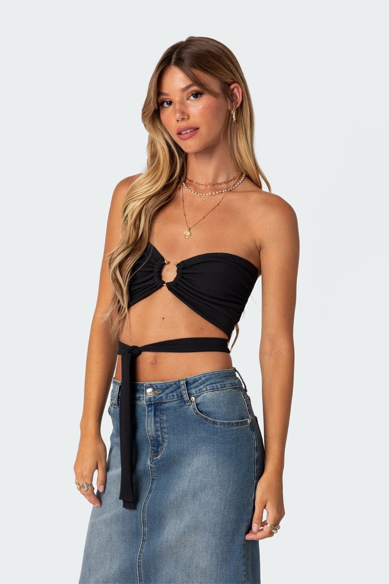 Edikted Zia Ribbed Ring Tie Crop Strapless Tops Black | USA QE724822I4