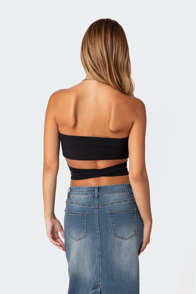 Edikted Zia Ribbed Ring Tie Crop Strapless Tops Black | USA QE724822I4
