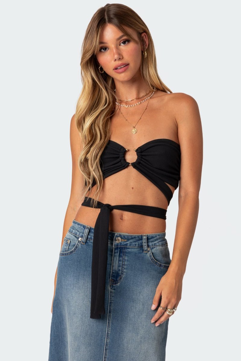 Edikted Zia Ribbed Ring Tie Crop Tops Black | USA HF265356L7